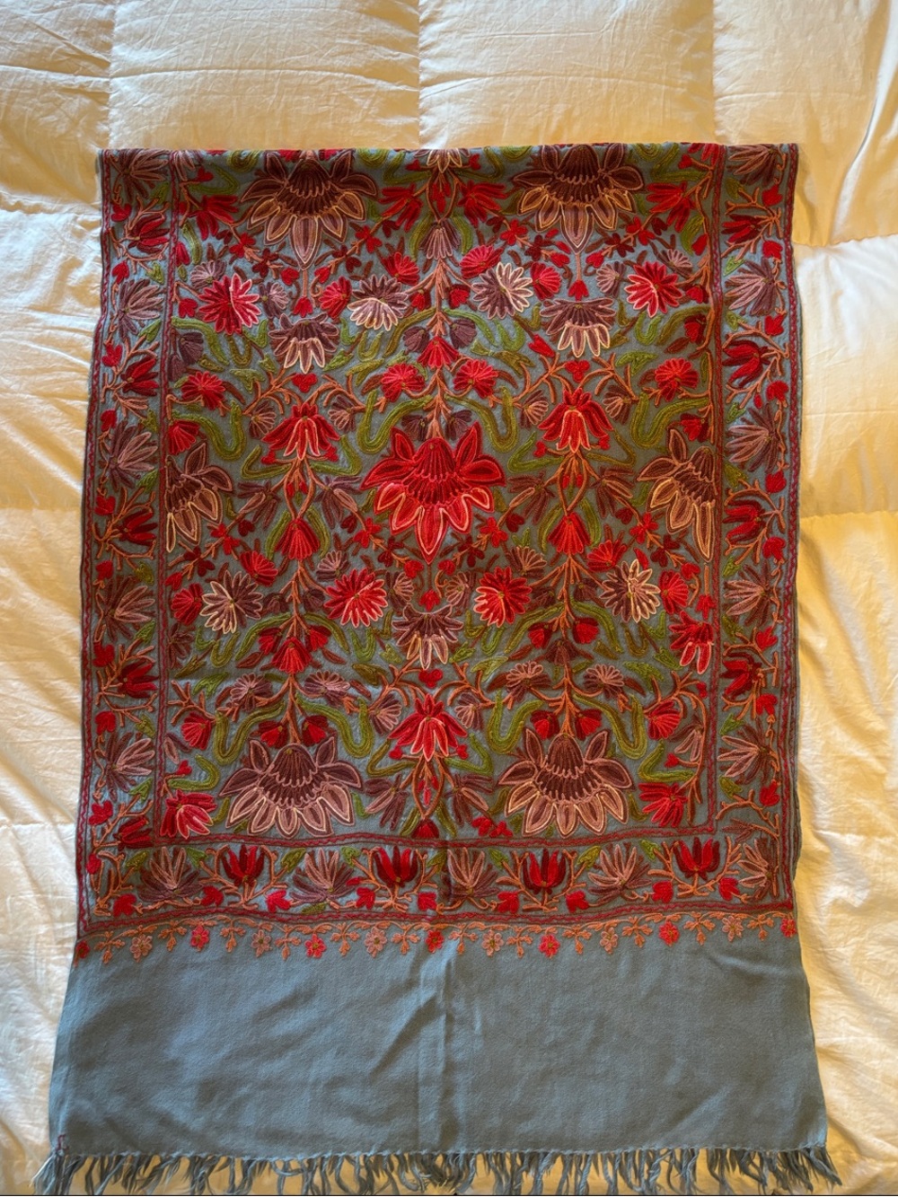 Embroidered Floral Shawl - Red & Green on Light Blue